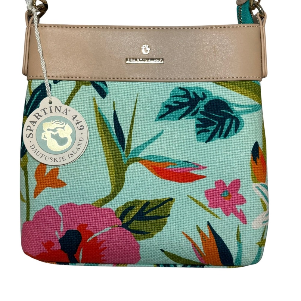 Spartina 449 Crossbody Bag 9" Aqua Tropical Floral Tan Adjustable Strap New - Picture 2 of 9
